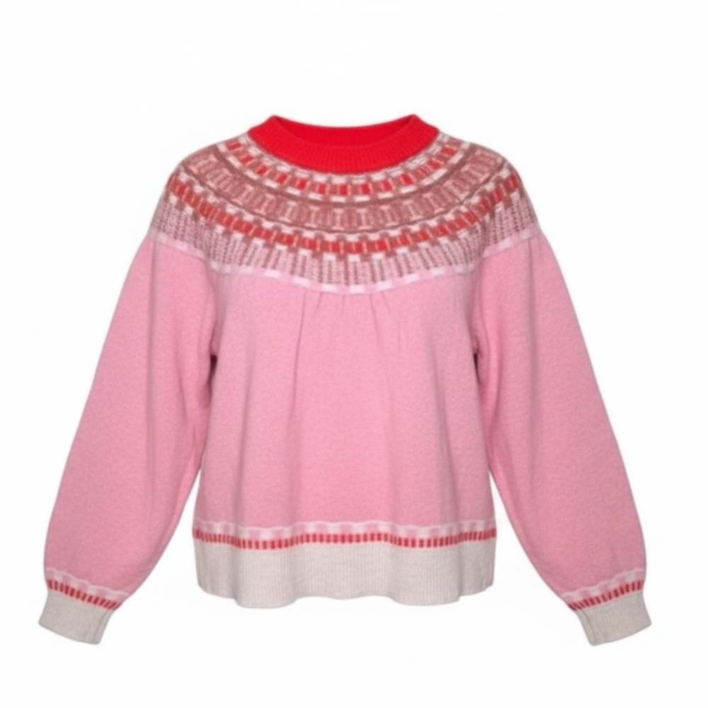 Madewell Fair Isle Mayer Pullover Sweater Pink Red White Womens Size M Cozy Knit - Picture 2 of 15